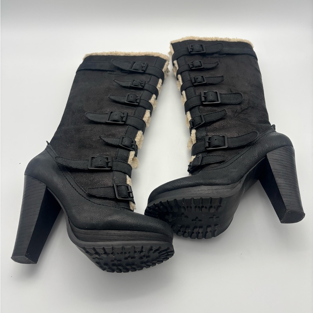 Report Signature Black Heeled Boots with Buckle Accents